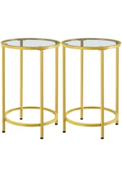 Topeakmart 2 Pieces Round Glass Top Bedside Table End Table Accent Table with Metal Frame, Gold