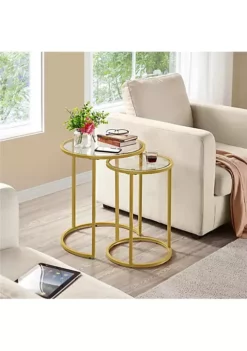 Topeakmart 2-Piece Round Nesting End Table Set with Metal Frame and Glass Top, Gold