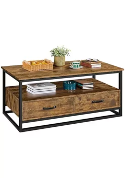 Topeakmart Vintage Storage Large Coffee Table Metal Frame Cocktail Table with 2 Drawers, Rusitc Brown