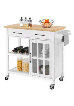 Topeakmart Rolling Kitchen Cart with Bamboo Top & Storage & Tempered Glass Cabinet Door White -Twine Outlet Store Belk 1078
