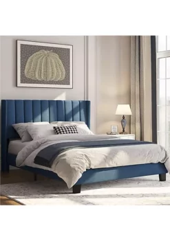 Topeakmart Queen Size Wingback Platform Bed with Upholstered Headboard and Mattress Foundation, Navy Blue