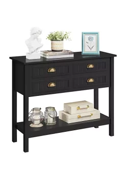 Topeakmart 4-Drawer Console Table Entryway Table with Open Shelf Pine Wood Legs, Black