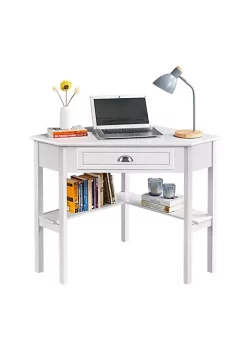 Topeakmart Corner Computer Desk Workstation Home Office Writing Study Desk Computer Table with Storage Drawer & Shelves White