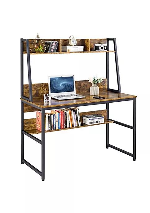 Topeakmart Retro Home Office Computer Desk PC Laptop Study Workstation Table with Bookshelf Rustic Brown 2 Topeakmart Retro Home Office Computer Desk PC Laptop Study Workstation Table with Bookshelf Rustic Brown - Image 2