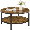 Topeakmart Rustic Round Coffee Table with Iron Mesh Storage Shelf, Rustic Brown