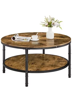 Topeakmart Rustic Round Coffee Table with Iron Mesh Storage Shelf, Rustic Brown