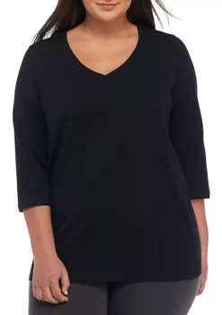 HUE® Plus Size Solid V-Neck 3/4 Sleeve T-Shirt